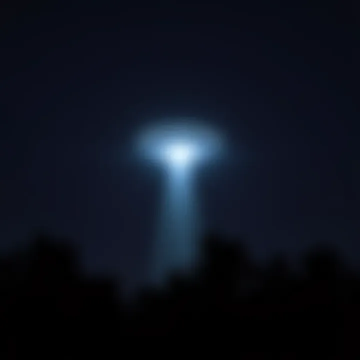 A bright unidentified flying object hovering in a dark sky above trees, with a faint glow surrounding it