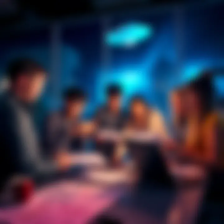 A group of people discussing features for a UFO history app, showing enthusiasm and ideas on paper and laptops.