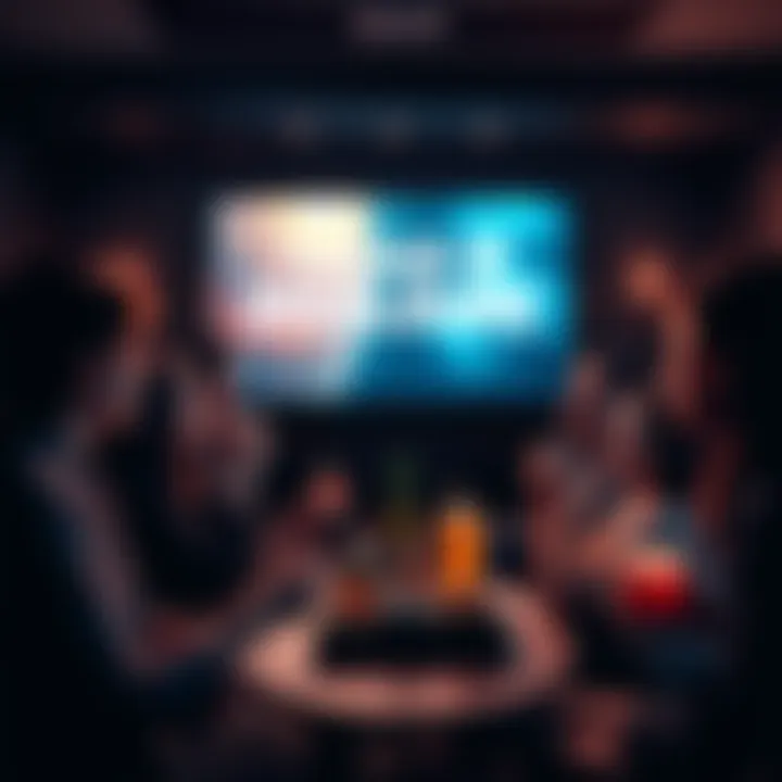 UFO Film Premiere Watch Party A group of people gathered around a TV screen, watching The Age of Disclosure premiere with snacks and drinks.