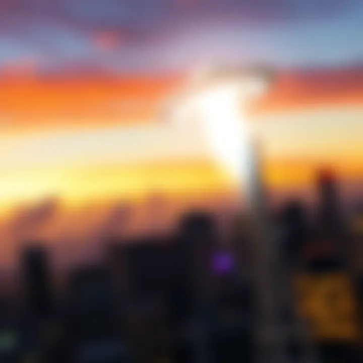 A bright, unidentified flying object zooming across the sky above Seattle, with clouds and buildings in the background.