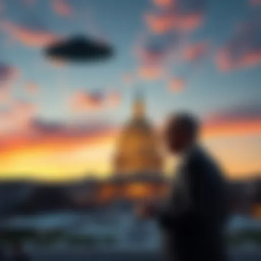 Rep. Eric Burlison announces the declassification of a UFO video, with a backdrop of the U.S. Capitol and a UFO in the sky.