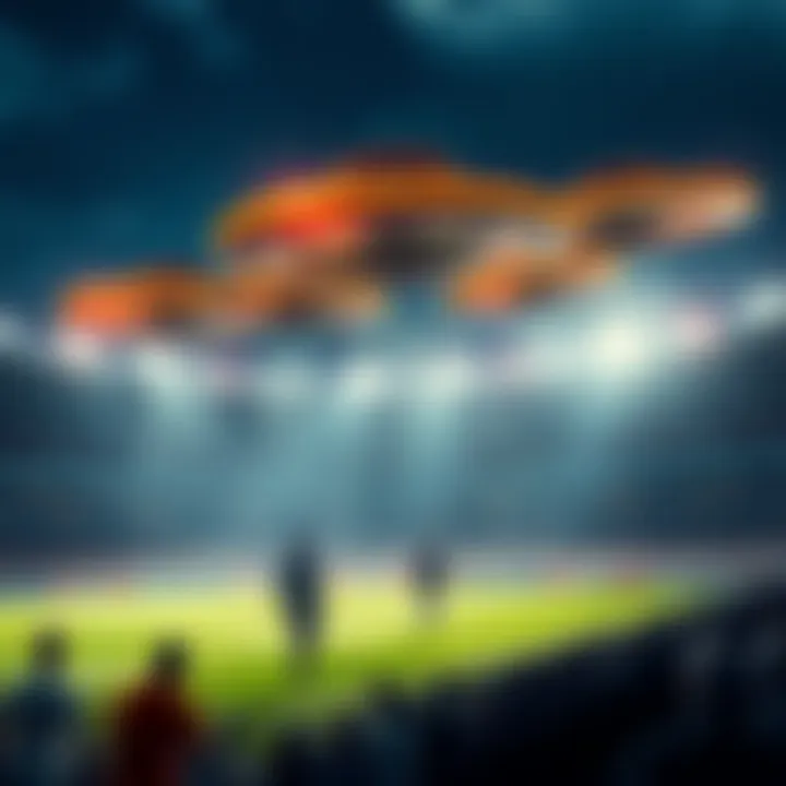 Cigar-shaped UFOs hovering above a football stadium with players and fans looking up in surprise, silver glitter falling from the crafts.