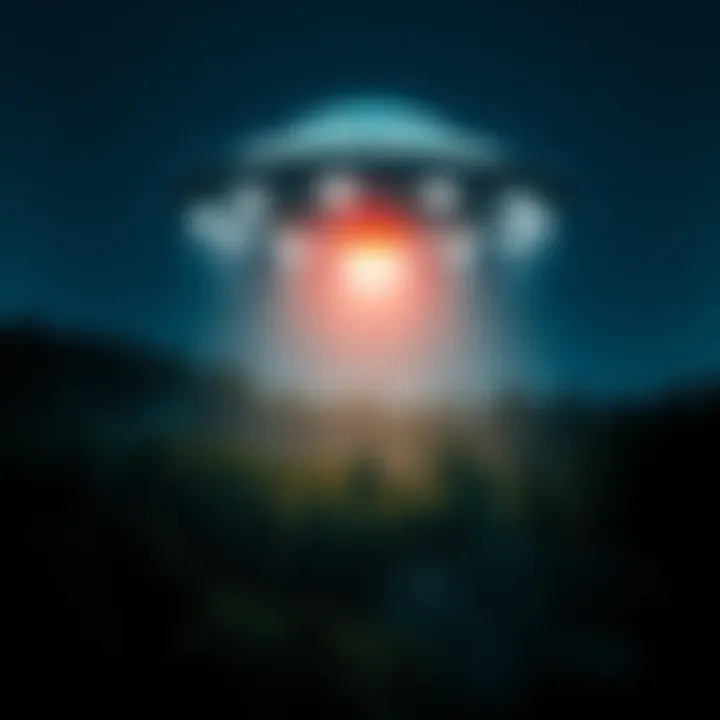 A bright UFO hovering above a dense forest at night, with beams of light shining down.