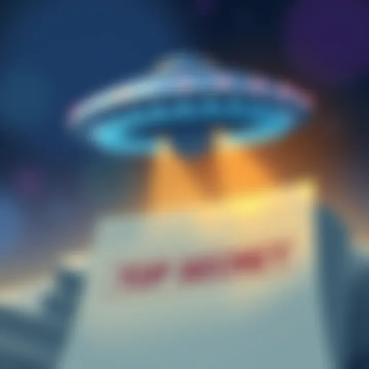 UFO and government documents An illustration showing a UFO above a stack of government documents with a 'Top Secret' label, symbolizing the declassification of UFO files.