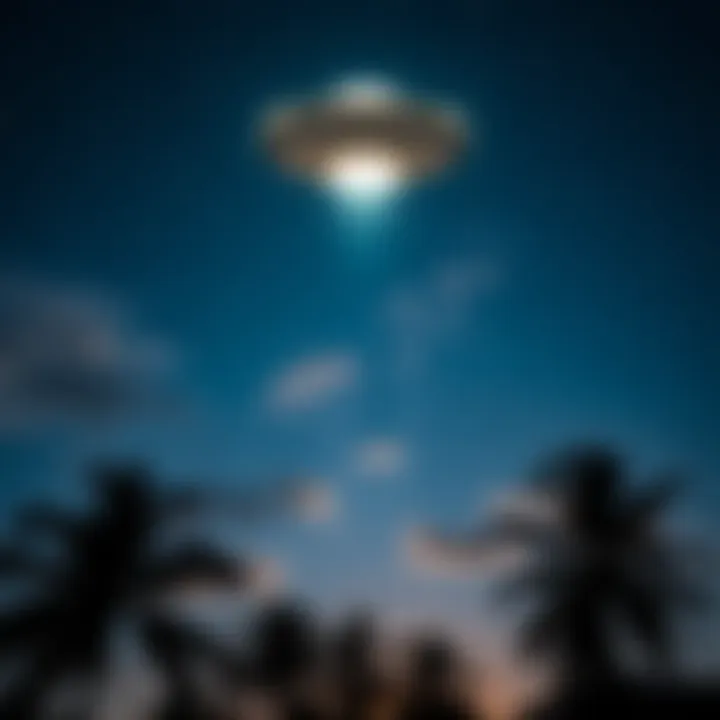 A bright UFO hovering in a starry night sky above Hawaii, with silhouettes of palm trees in the foreground.
