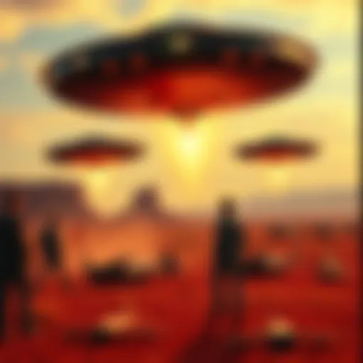 Three unidentified aerial crafts and officials interacting at Holloman Air Force Base, showcasing the 1964 UFO incident.