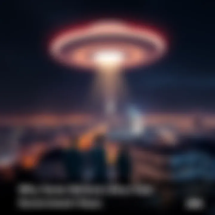 A bright UFO in the night sky above a city skyline, with people looking up in curiosity.