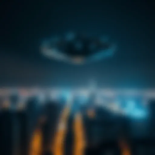 A UFO seen in the night sky above a bustling city, with lights reflecting from the buildings below.
