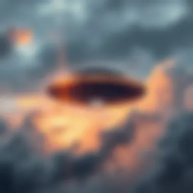 A mysterious UFO hovering among dark clouds, symbolizing uncertainty about disclosure in politics.