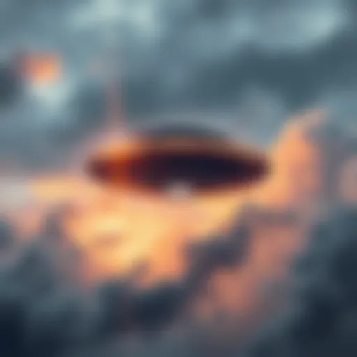 A mysterious UFO hovering among dark clouds, symbolizing uncertainty about disclosure in politics.
