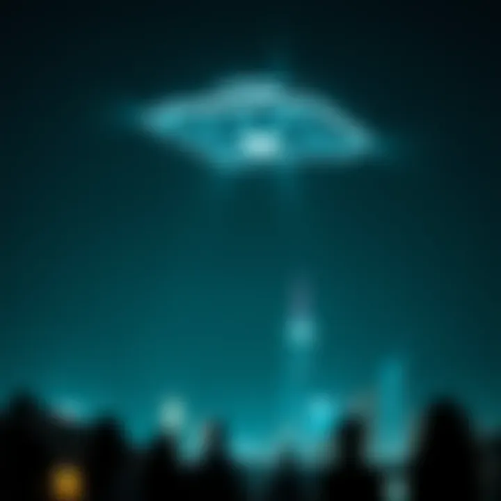 UFO hovering in the night sky A UFO with bright lights flying over a cityscape at night, with silhouettes of people looking up in awe.