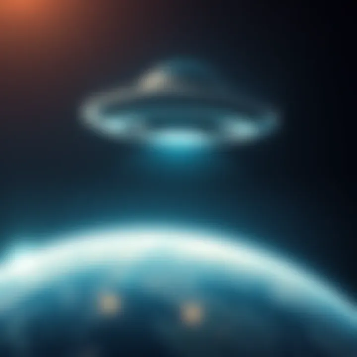 A UFO hovering above the Earth with stars in the background, suggesting alien activity and curiosity about planet