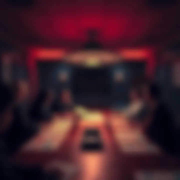 People in a dimly lit room discussing UFO disclosures with charts and papers on a table