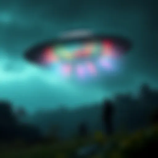 A bright disc-shaped UFO hovering above a forest near São Paulo, with colorful lights and two fishermen watching in awe.