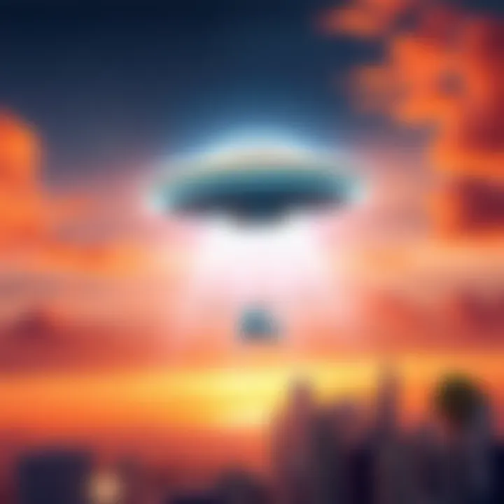 A bright UFO hovers in the sky above Los Angeles with a helicopter flying below.
