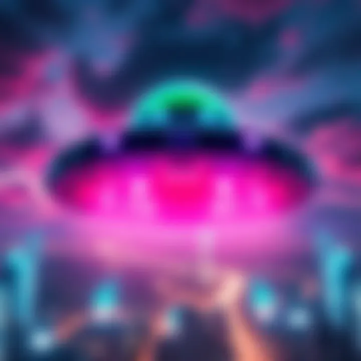 A colorful advertisement featuring a UFO hovering above a city skyline, promoting a brand with alien motifs