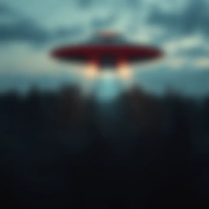 A military UFO hovering above a dense forest with bright lights shining down, suggesting possible human activity below.