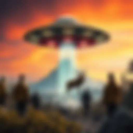 A UFO hovering above Mt. St. Helens with an elk being pulled towards it, surrounded by forestry workers witnessing the event.