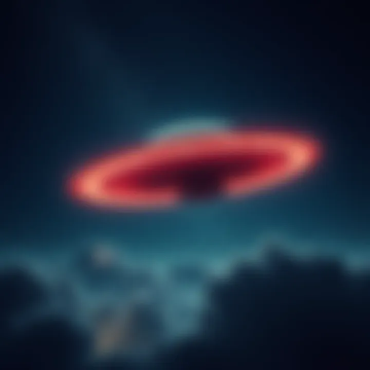 A glowing UFO hovering in a starry night sky with clouds below it