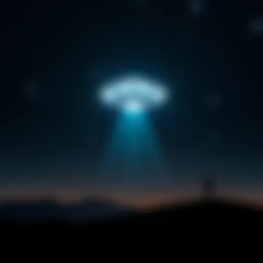 A glowing UFO hovering above a dark landscape, contrasting with the stars, representing the debate between extraterrestrial beings and demonic interpretations.