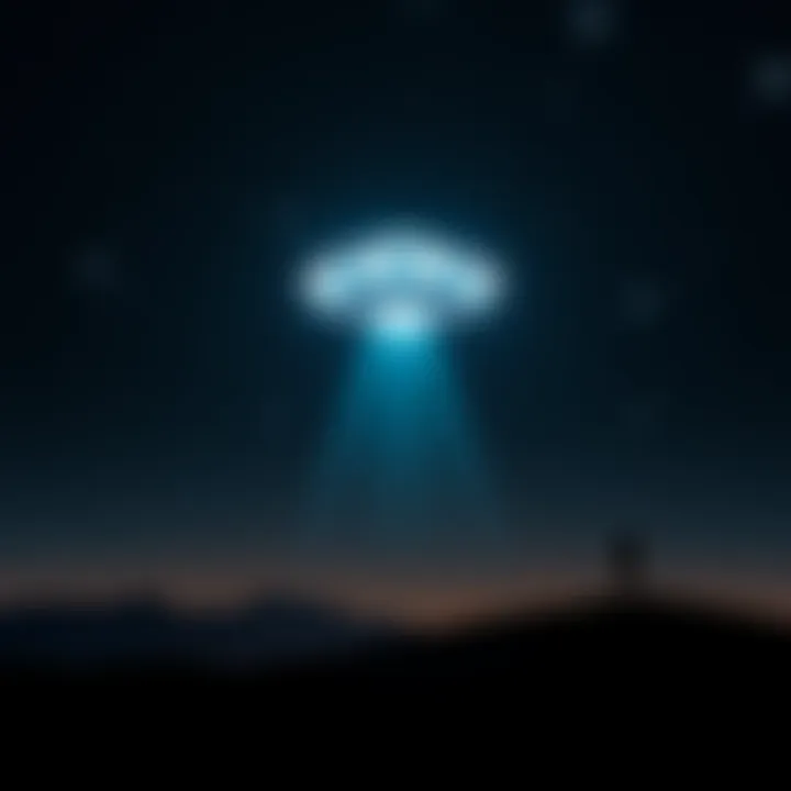 A glowing UFO hovering above a dark landscape, contrasting with the stars, representing the debate between extraterrestrial beings and demonic interpretations.