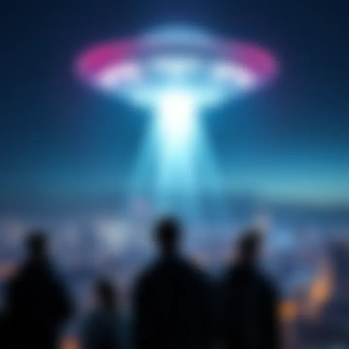 UFO in the night sky A glowing UFO hovering in the night sky above a city skyline, with curious onlookers gazing up in wonder.