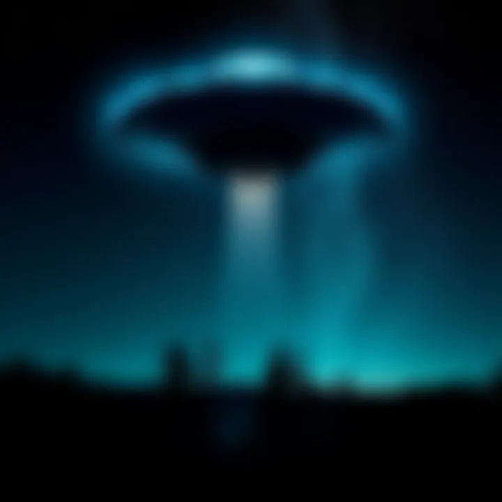 UFO in Night Sky A UFO hovering in the night sky over a forest, with stars twinkling in the background
