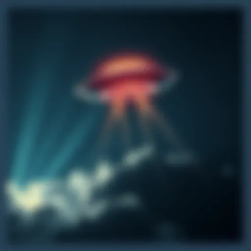 A glowing UFO hovering in a starry night sky, surrounded by clouds and a hint of light beams shining down.