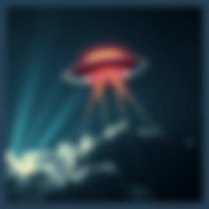 A glowing UFO hovering in a starry night sky, surrounded by clouds and a hint of light beams shining down.