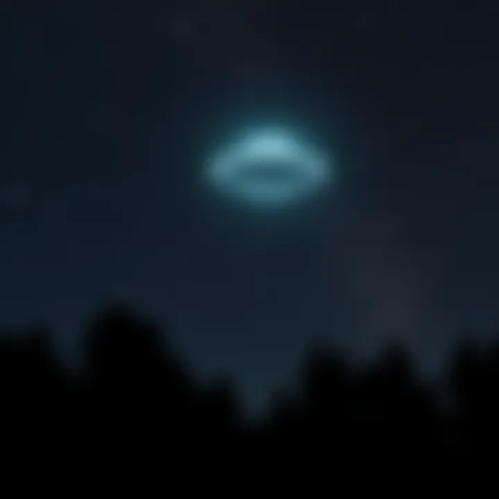 A bright unidentified flying object hovering in a dark starry sky with a silhouette of trees in the foreground