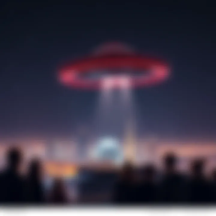 A flying saucer hovering in a starry night sky above a cityscape with curious onlookers gazing up.