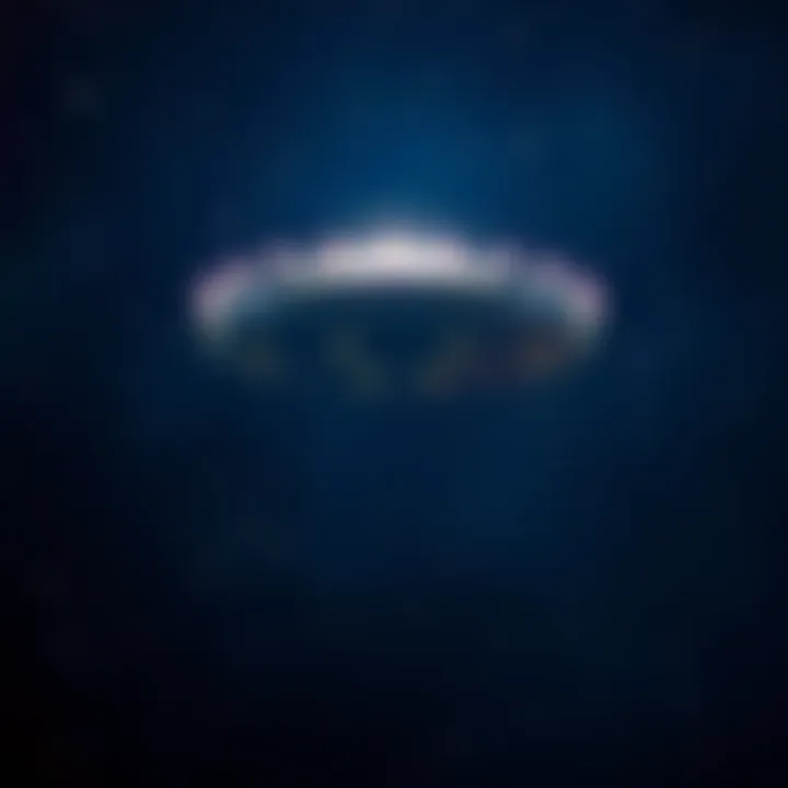 A glowing UFO hovering in a dark sky with stars in the background