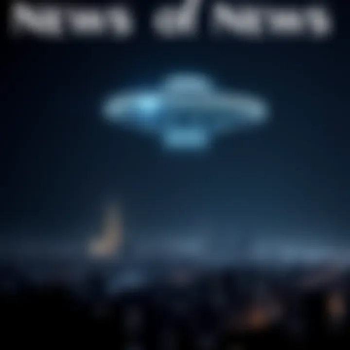 A bright UFO hovering in the night sky above a city with silhouettes of buildings below