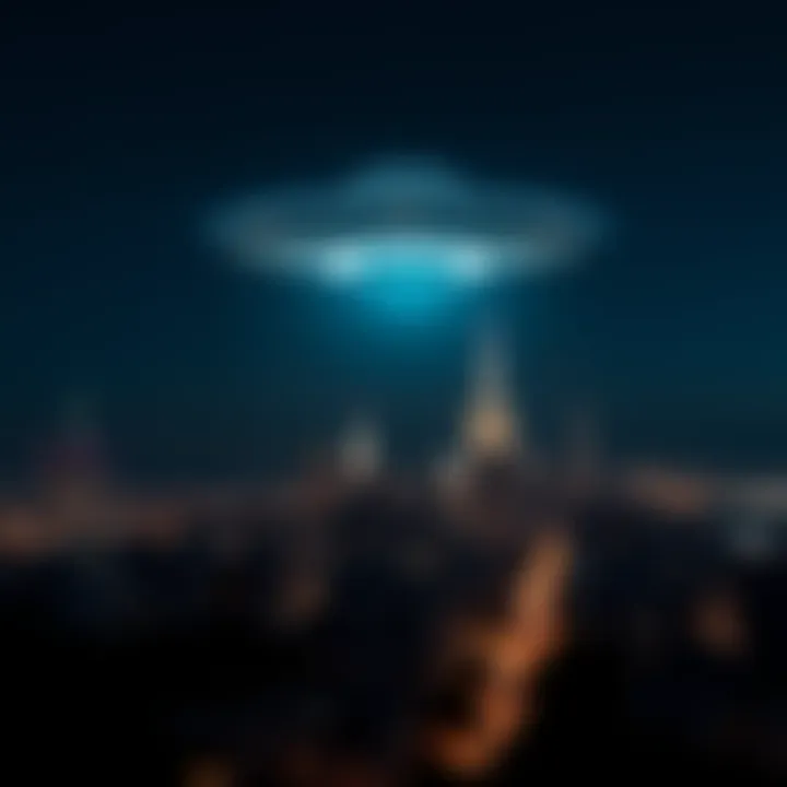 A bright UFO hovering over a dark city skyline at night with stars visible in the background