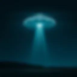 A bright, glowing UFO hovering in a dark sky with stars, casting a mysterious light over a quiet landscape.