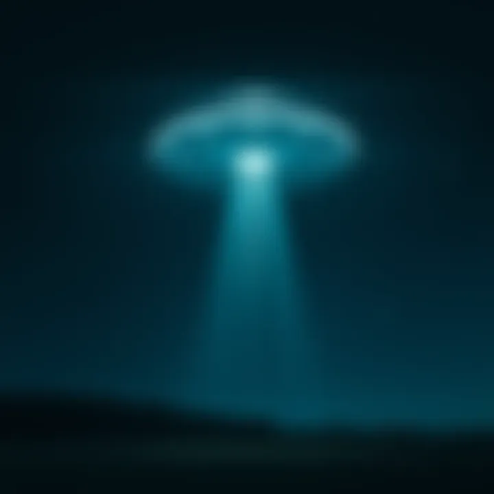 A bright, glowing UFO hovering in a dark sky with stars, casting a mysterious light over a quiet landscape.