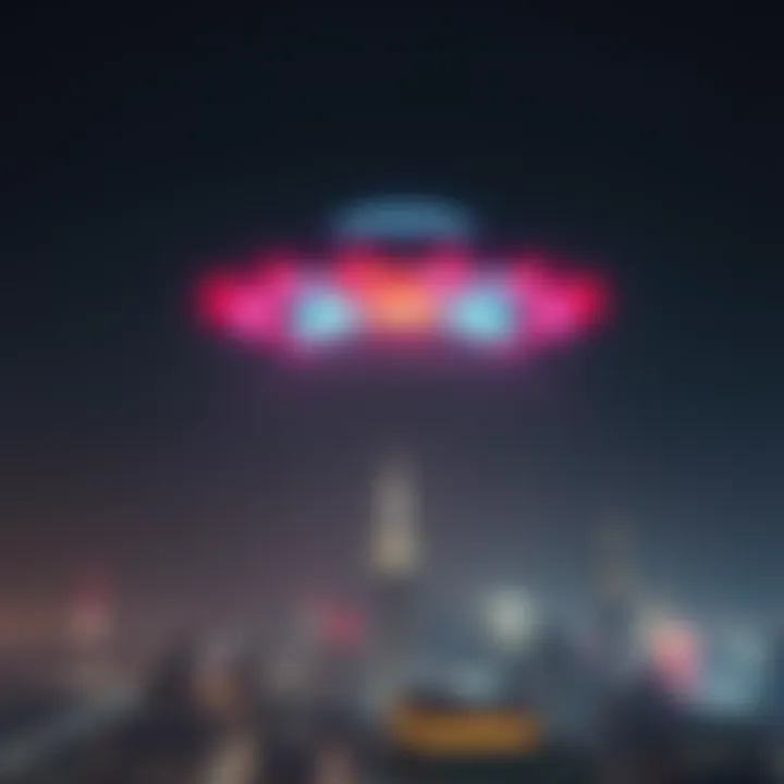 UFO in the night sky A bright UFO with colorful lights hovering above a city skyline at night