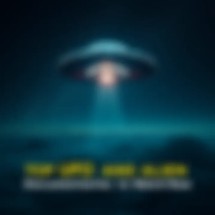 A glowing UFO hovering in a starry night sky, casting light on the clouds below.