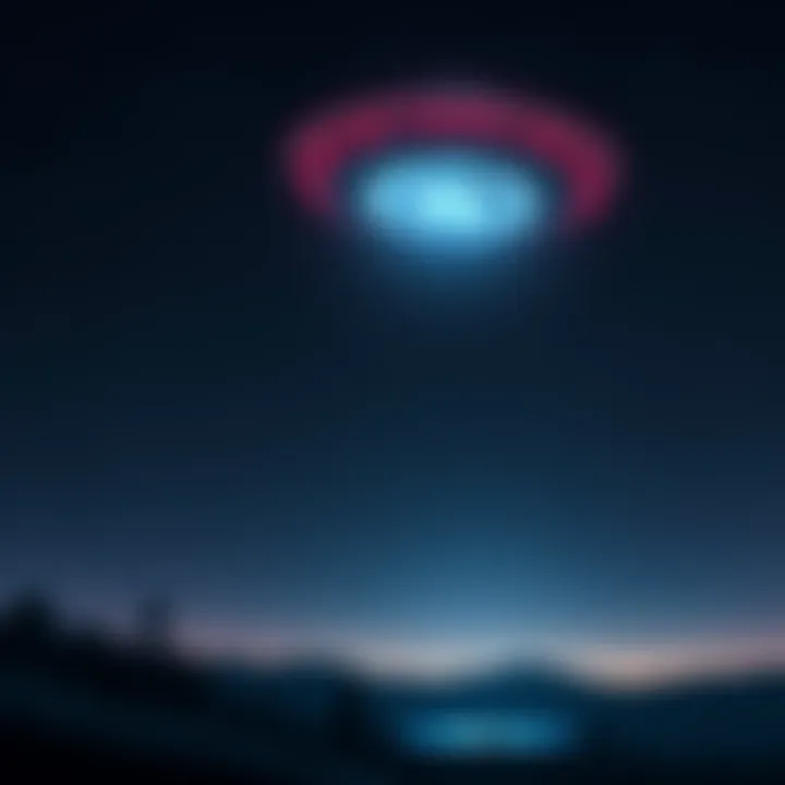 A UFO hovering in a starry night sky, casting a light below. The scene suggests an interaction with humanity