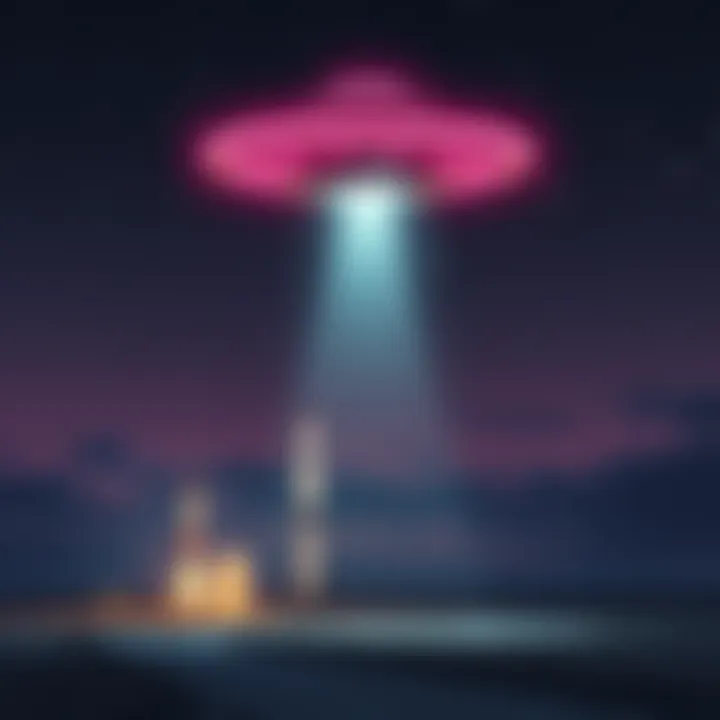 A UFO hovering over a nuclear missile base, casting light on the ground below. The scene includes tall missile silos and a night sky filled with stars.