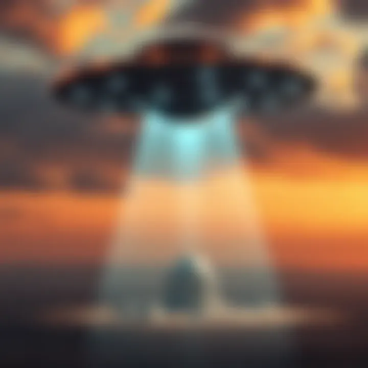 A UFO hovering above a US nuclear base, with a spotlight shining down, illustrating recent reports of sightings.