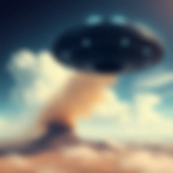 An illustration of a UFO hovering above a nuclear testing site with clouds and smoke in the background
