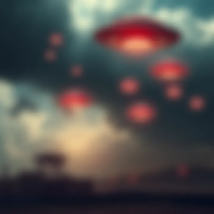 Multiple unidentified flying orbs hovering in the sky near a military base, with a cloudy background.