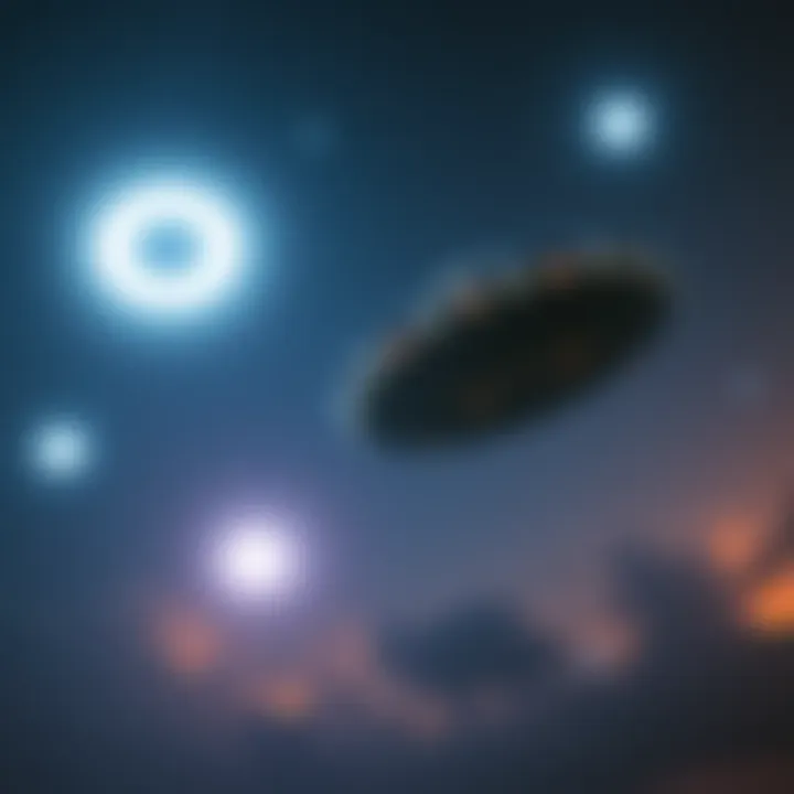 UFO Orbs in the Night Sky Bright orbs glowing in the night sky, with a backdrop of stars and clouds.