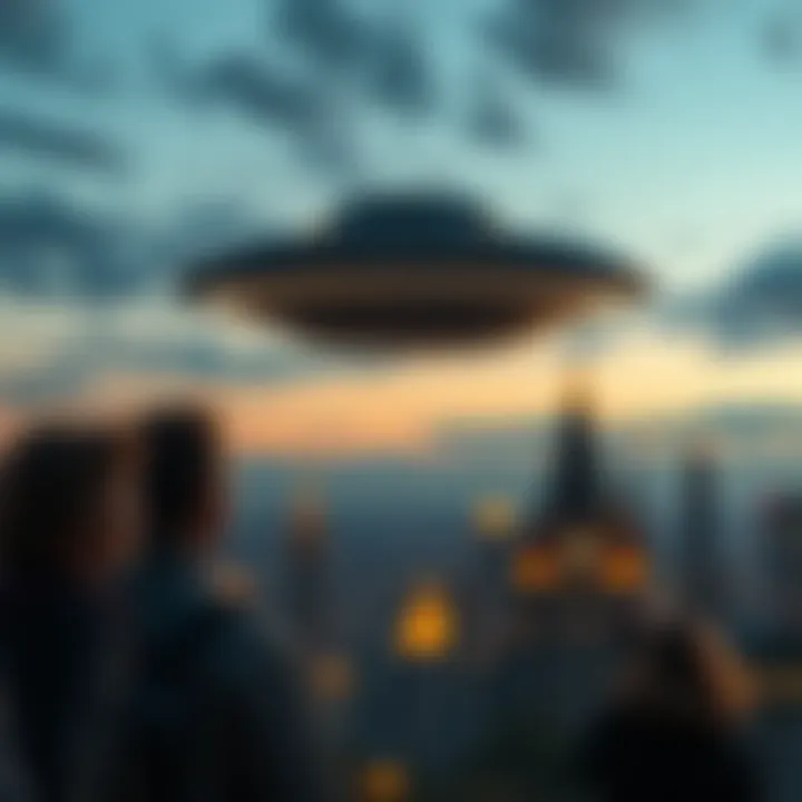 UFO Over a City A Non-Human Intelligence craft is seen hovering above a city skyline during twilight, with curious onlookers pointing up at it.