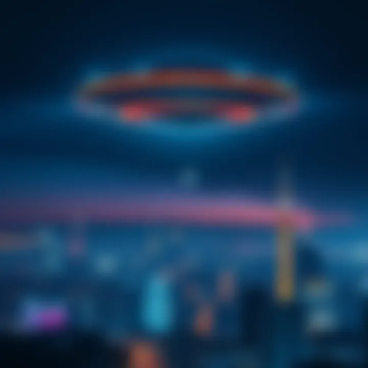 UFO Over City A UFO hovering above a city skyline at night with lights shining in the sky
