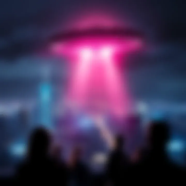 A glowing UFO hovering above a city skyline at night, with people looking up in awe and concern.