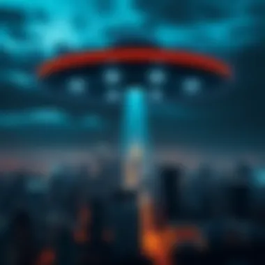 A UFO hovering above a city skyline with bright lights shining down, suggesting an ancient intelligence is watching over humanity.