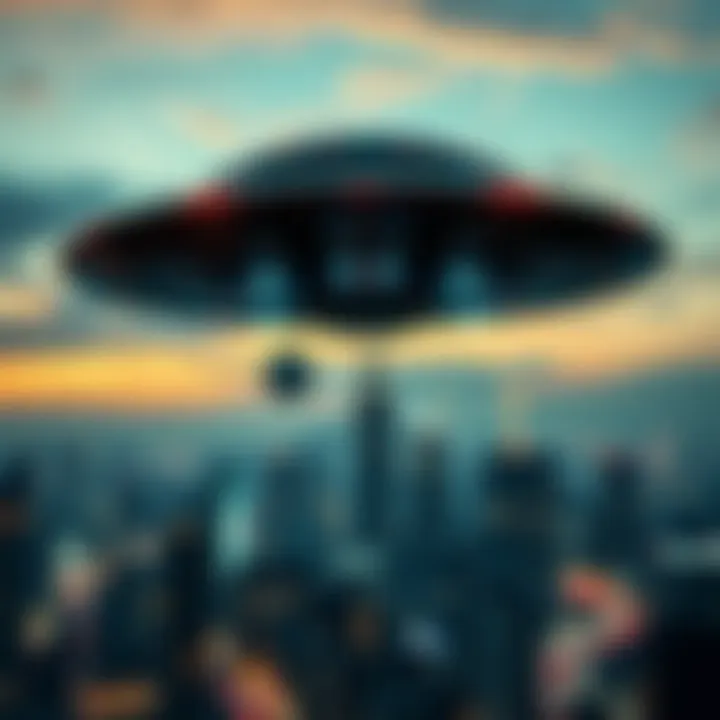 A high-tech UFO hovering above a city skyline, showcasing its sleek design and lights as it maneuvers effortlessly in the sky.