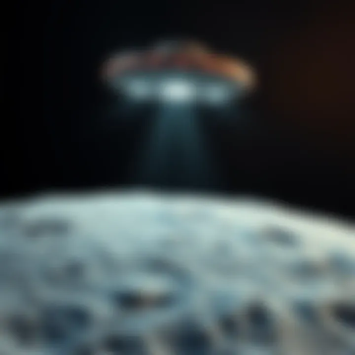 A UFO flying above the moon's surface, showing lunar craters below